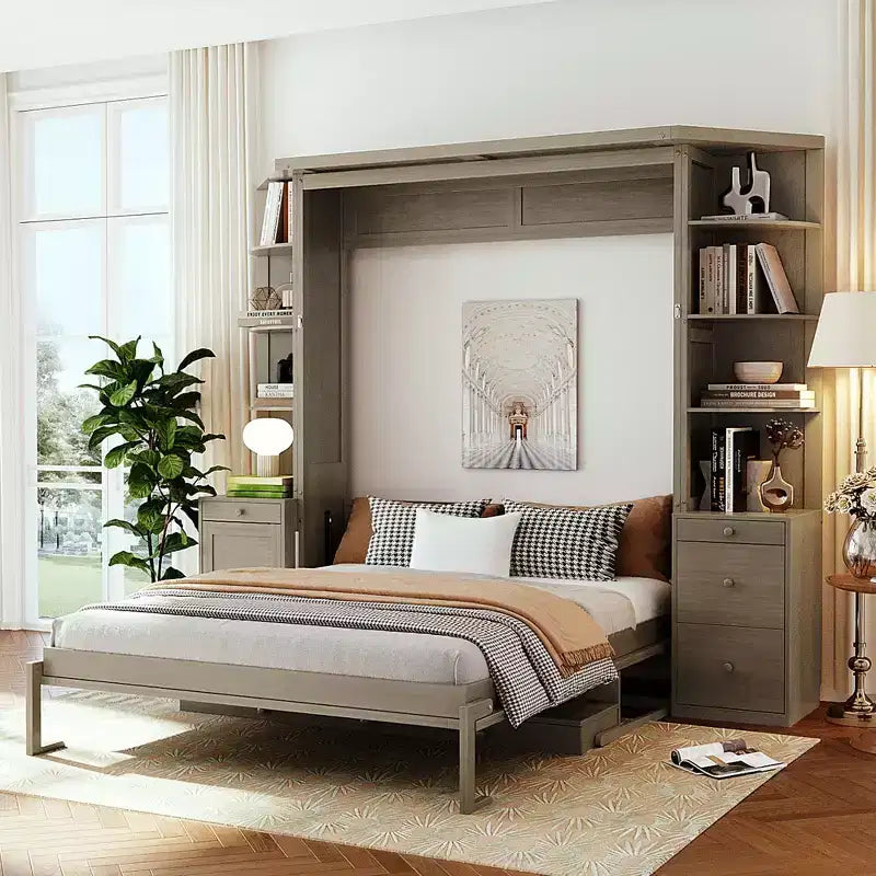 Queen Size Murphy Bed with Storage Shelves and Cabinets, Wooden Queen Cabinet Bed Wall Bed with Desk, Folding Wall Chest Bed for Guest Room Office