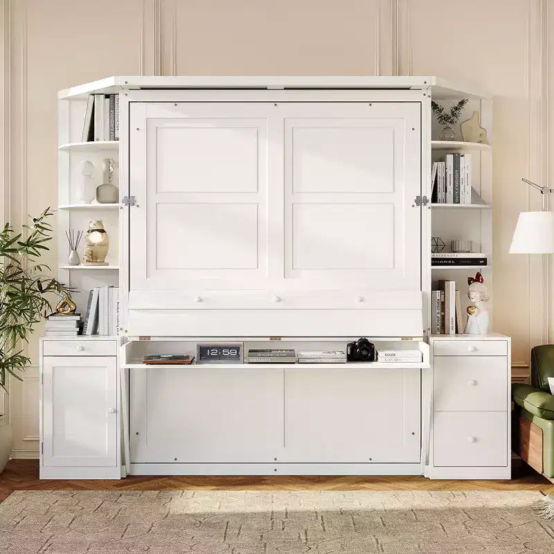 Queen Size Murphy Bed with Storage Shelves and Cabinets, Wooden Queen Cabinet Bed Wall Bed with Desk, Folding Wall Chest Bed for Guest Room Office