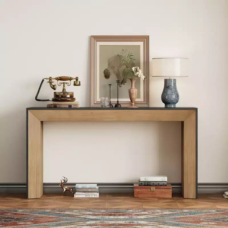 Console et table d'entrée modernes, table de canapé robuste avec motif cheminée, plateau en placage de bois