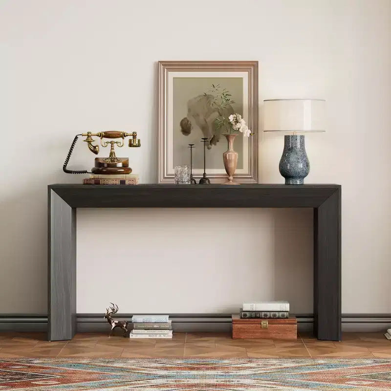 Console et table d'entrée modernes, table de canapé robuste avec motif cheminée, plateau en placage de bois