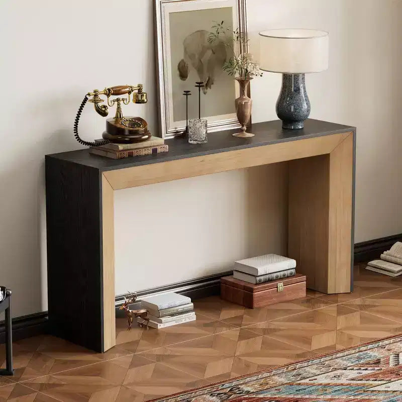 Console et table d'entrée modernes, table de canapé robuste avec motif cheminée, plateau en placage de bois