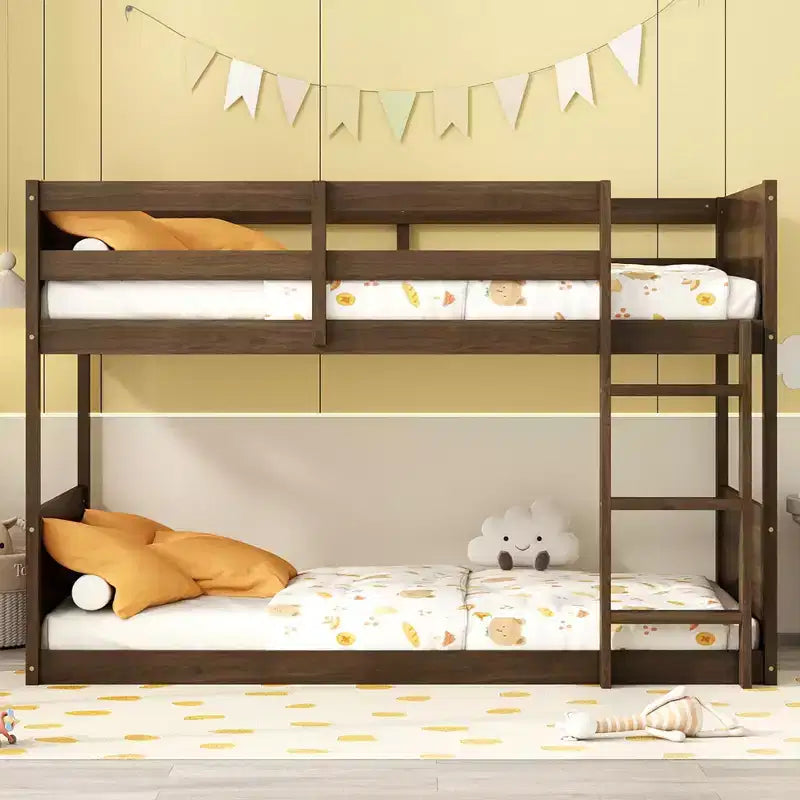 Floor Bunk Bed Twin over Twin with Headboard and Footboard for Kids Teens, Solid Wood Bunk Bed Frame with Ladder and Guardrail