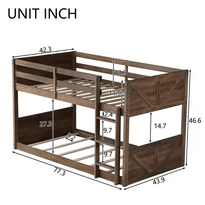 Floor Bunk Bed Twin over Twin with Headboard and Footboard for Kids Teens, Solid Wood Bunk Bed Frame with Ladder and Guardrail