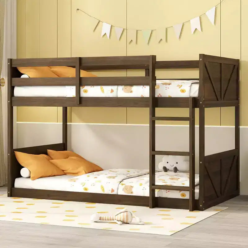 Floor Bunk Bed Twin over Twin with Headboard and Footboard for Kids Teens, Solid Wood Bunk Bed Frame with Ladder and Guardrail