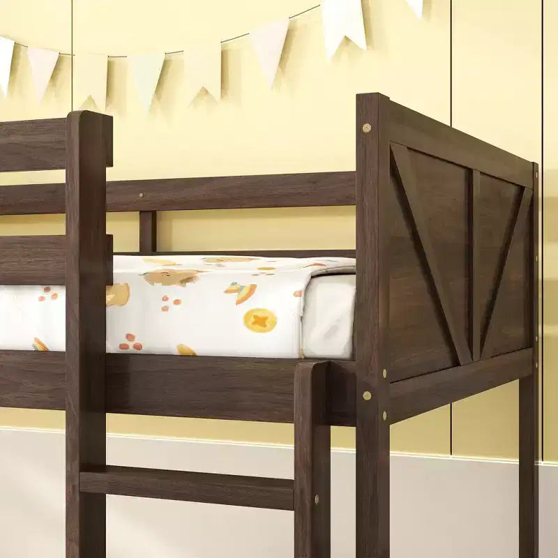 Floor Bunk Bed Twin over Twin with Headboard and Footboard for Kids Teens, Solid Wood Bunk Bed Frame with Ladder and Guardrail