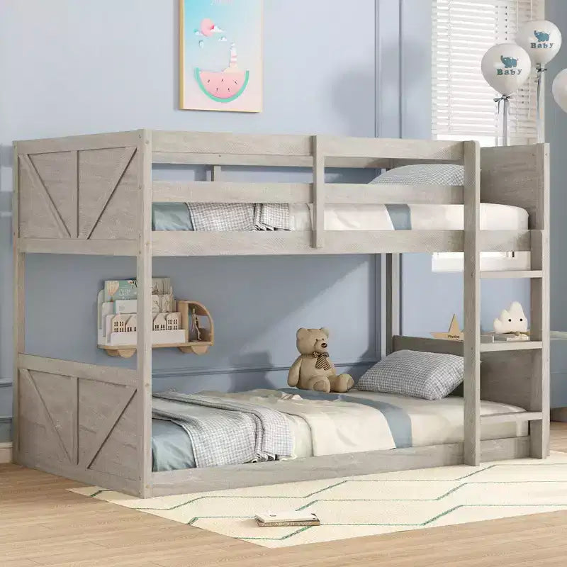 Floor Bunk Bed Twin over Twin with Headboard and Footboard for Kids Teens, Solid Wood Bunk Bed Frame with Ladder and Guardrail