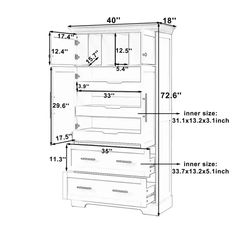 Garde-manger de cuisine autoportant de 184,4 cm de haut, buffets, grand placard de rangement avec 4 portes