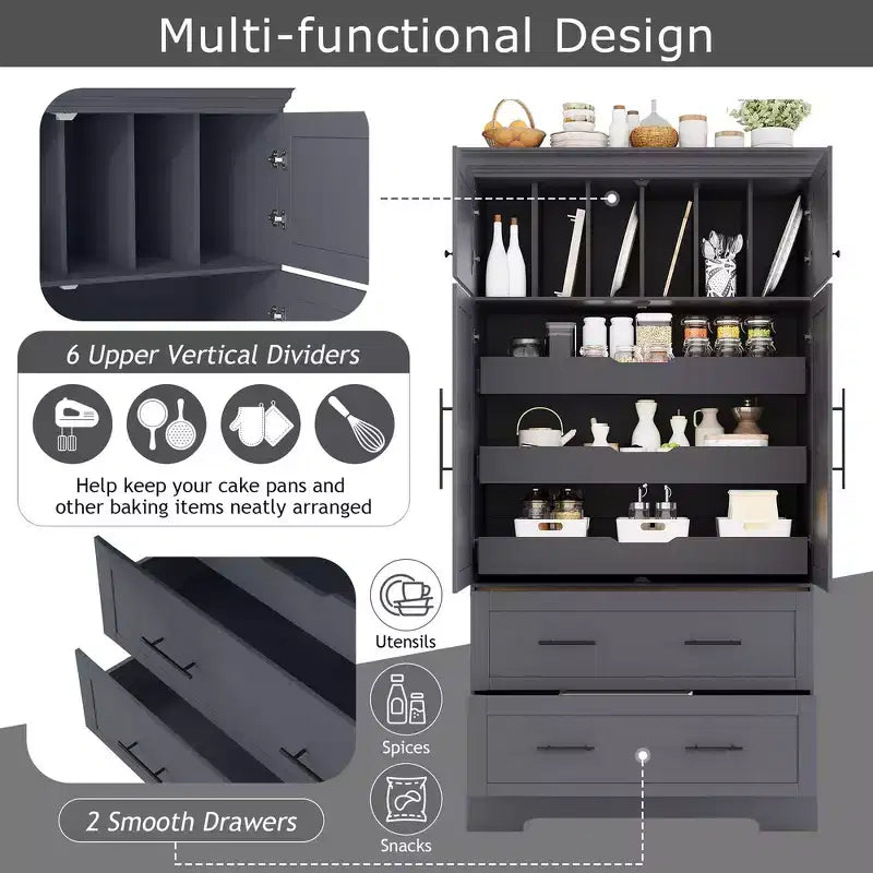 Garde-manger de cuisine autoportant de 184,4 cm de haut, buffets, grand placard de rangement avec 4 portes