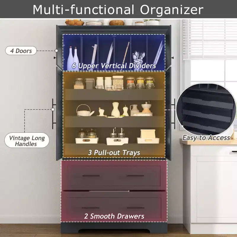 Garde-manger de cuisine autoportant de 184,4 cm de haut, buffets, grand placard de rangement avec 4 portes