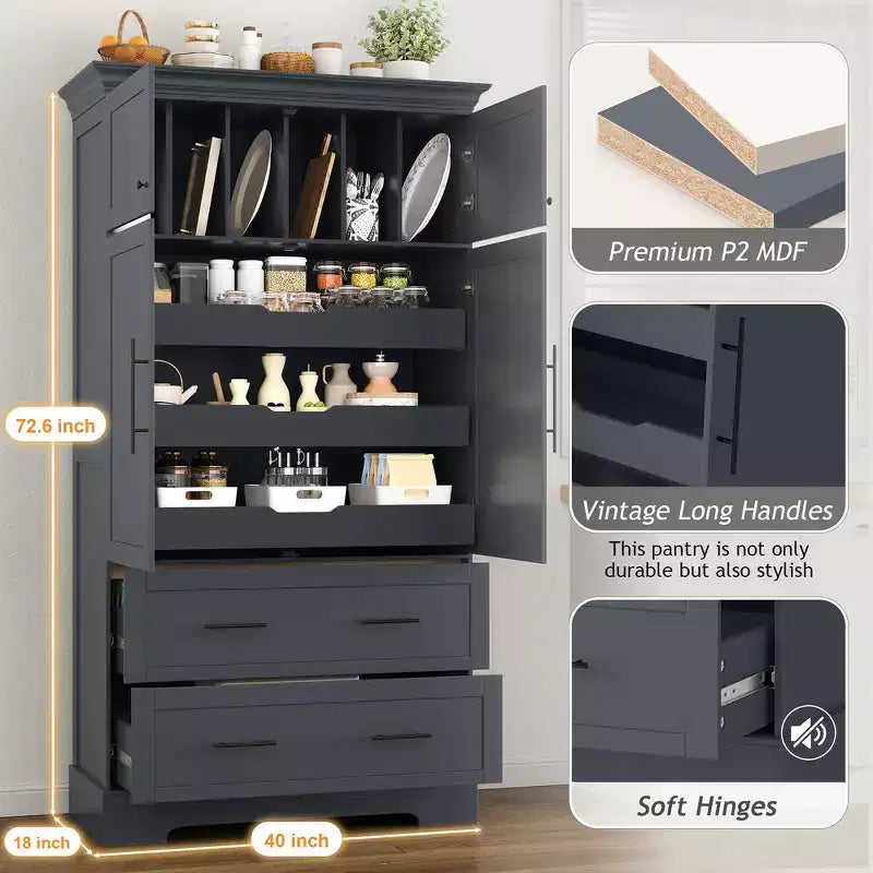 Garde-manger de cuisine autoportant de 184,4 cm de haut, buffets, grand placard de rangement avec 4 portes