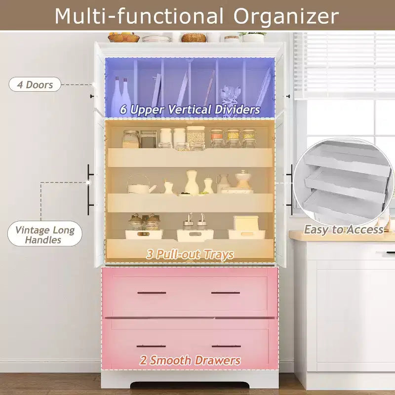 Garde-manger de cuisine autoportant de 184,4 cm de haut, buffets, grand placard de rangement avec 4 portes
