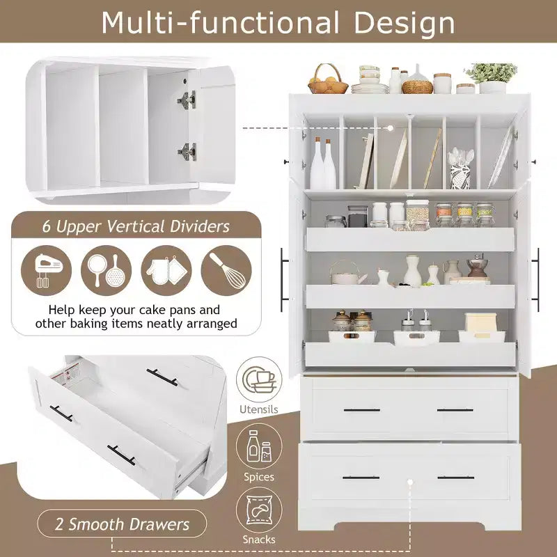 Garde-manger de cuisine autoportant de 184,4 cm de haut, buffets, grand placard de rangement avec 4 portes