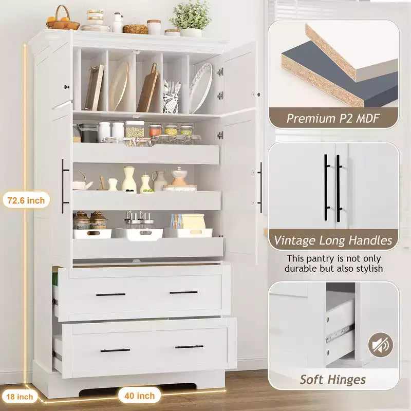 Garde-manger de cuisine autoportant de 184,4 cm de haut, buffets, grand placard de rangement avec 4 portes