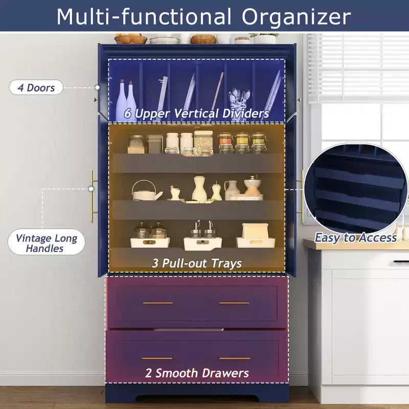 Garde-manger de cuisine autoportant de 184,4 cm de haut, buffets, grand placard de rangement avec 4 portes