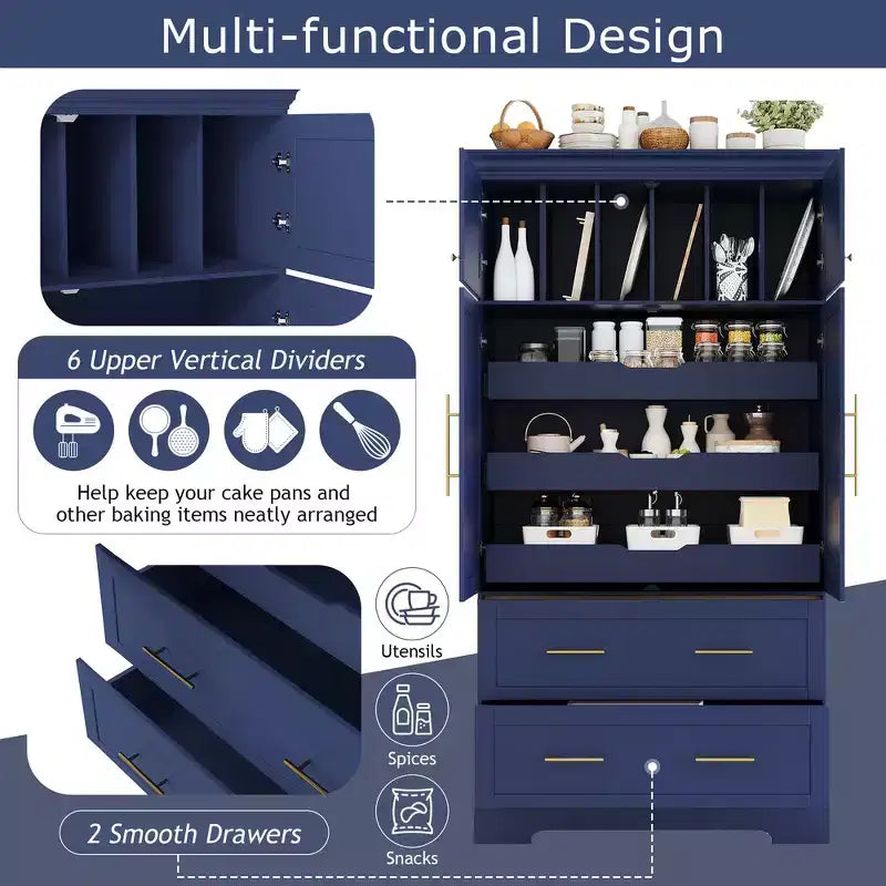 Garde-manger de cuisine autoportant de 184,4 cm de haut, buffets, grand placard de rangement avec 4 portes