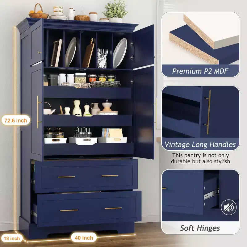 Garde-manger de cuisine autoportant de 184,4 cm de haut, buffets, grand placard de rangement avec 4 portes