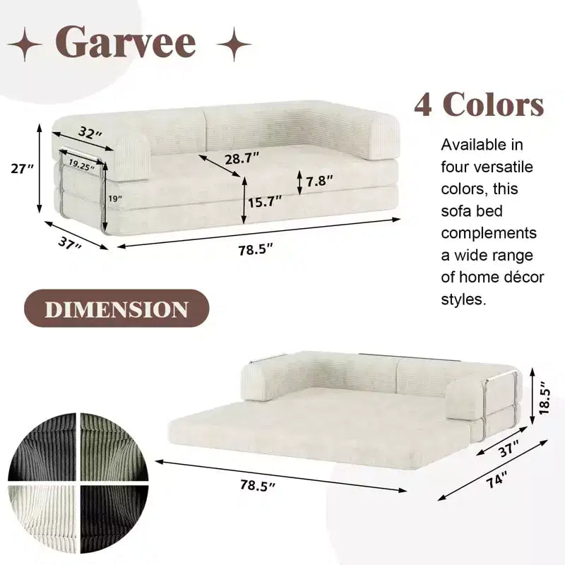 Corduroy Sleeper Sofa Bed,Folding Mattress Couch with Fixed-Shape Frame, 3 Seater Fold Out King Size Futon,No Assembly Floor Couch