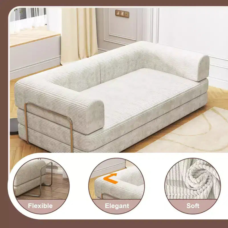 Corduroy Sleeper Sofa Bed,Folding Mattress Couch with Fixed-Shape Frame, 3 Seater Fold Out King Size Futon,No Assembly Floor Couch