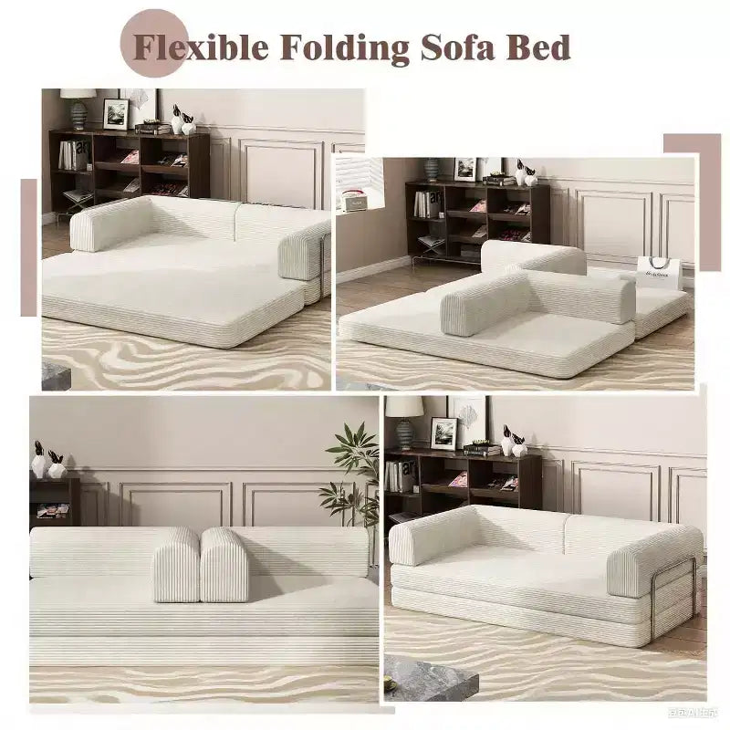 Corduroy Sleeper Sofa Bed,Folding Mattress Couch with Fixed-Shape Frame, 3 Seater Fold Out King Size Futon,No Assembly Floor Couch