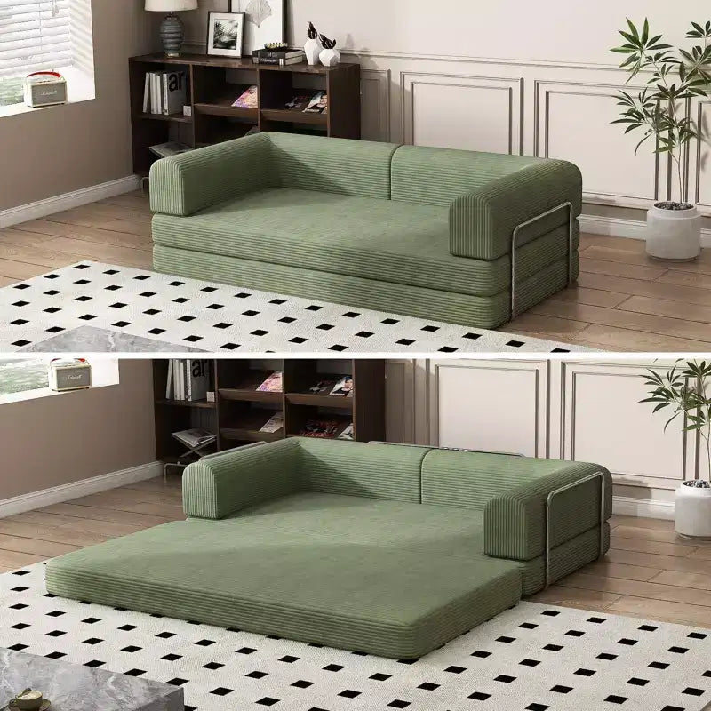 Corduroy Sleeper Sofa Bed,Folding Mattress Couch with Fixed-Shape Frame, 3 Seater Fold Out King Size Futon,No Assembly Floor Couch