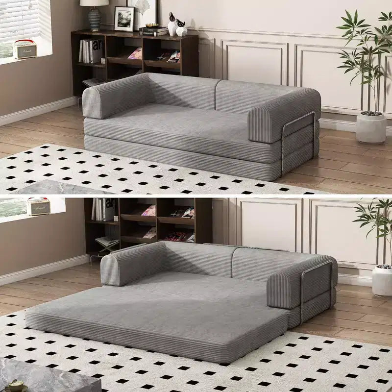 Corduroy Sleeper Sofa Bed,Folding Mattress Couch with Fixed-Shape Frame, 3 Seater Fold Out King Size Futon,No Assembly Floor Couch