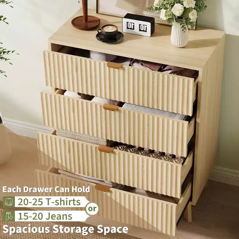 4 Drawer Dressers, Modern Fluted Closet Dressers Chest of Drawers, Wood Storage Dresser Chest of Drawers Organizer for Bedroom Living Room, Hallway