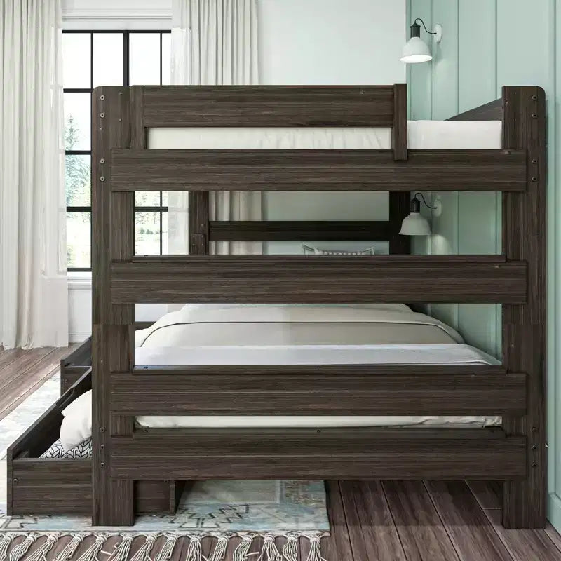 Solid Wood Modern Farmhouse Farmhouse Queen/Queen Bunk Bed with Storage Drawers