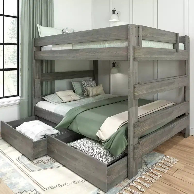Solid Wood Modern Farmhouse Farmhouse Queen/Queen Bunk Bed with Storage Drawers