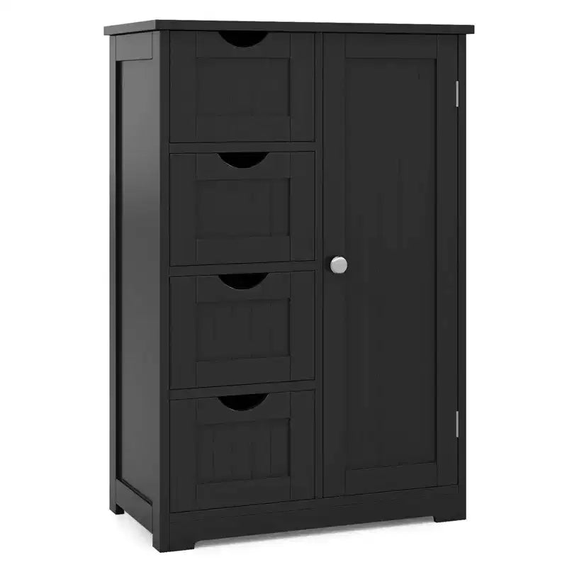 Meuble de Salle de Bain sur Pied en Bois à 4 Tiroirs avec 2 Étagères Rangement Armoire Blanc/Marron/Gris/Noir
