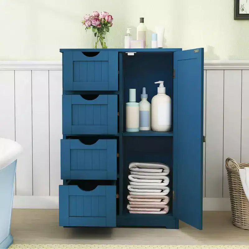 Meuble de Salle de Bain sur Pied en Bois à 4 Tiroirs avec 2 Étagères Rangement Armoire Blanc/Marron/Gris/Noir