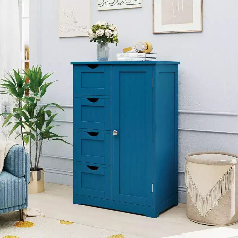 Meuble de Salle de Bain sur Pied en Bois à 4 Tiroirs avec 2 Étagères Rangement Armoire Blanc/Marron/Gris/Noir