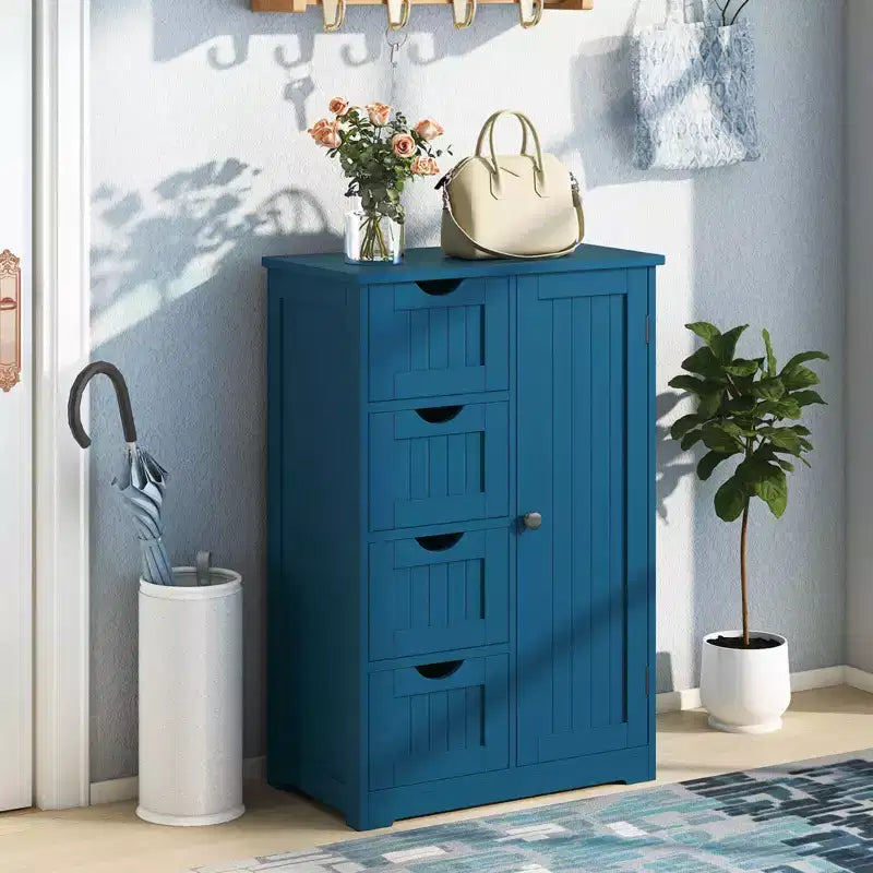 Meuble de Salle de Bain sur Pied en Bois à 4 Tiroirs avec 2 Étagères Rangement Armoire Blanc/Marron/Gris/Noir