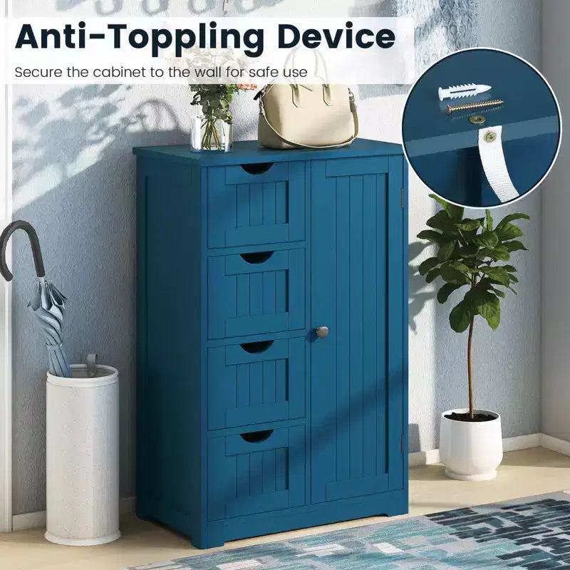 Meuble de Salle de Bain sur Pied en Bois à 4 Tiroirs avec 2 Étagères Rangement Armoire Blanc/Marron/Gris/Noir