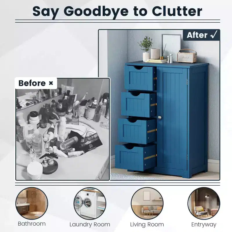 Meuble de Salle de Bain sur Pied en Bois à 4 Tiroirs avec 2 Étagères Rangement Armoire Blanc/Marron/Gris/Noir