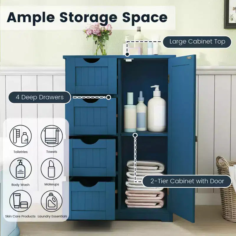 Meuble de Salle de Bain sur Pied en Bois à 4 Tiroirs avec 2 Étagères Rangement Armoire Blanc/Marron/Gris/Noir