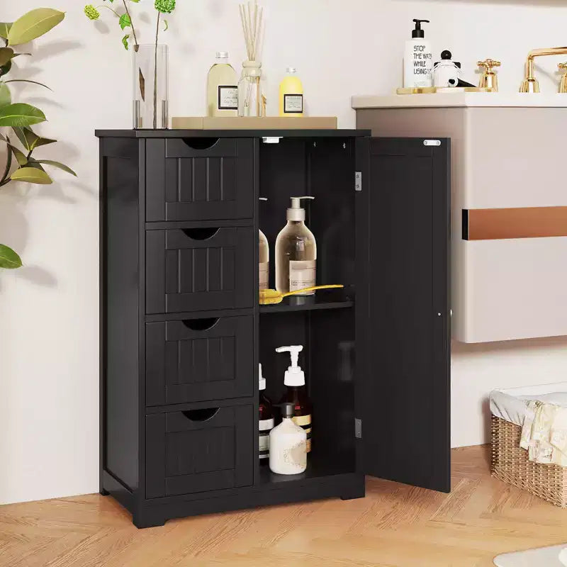 Meuble de Salle de Bain sur Pied en Bois à 4 Tiroirs avec 2 Étagères Rangement Armoire Blanc/Marron/Gris/Noir