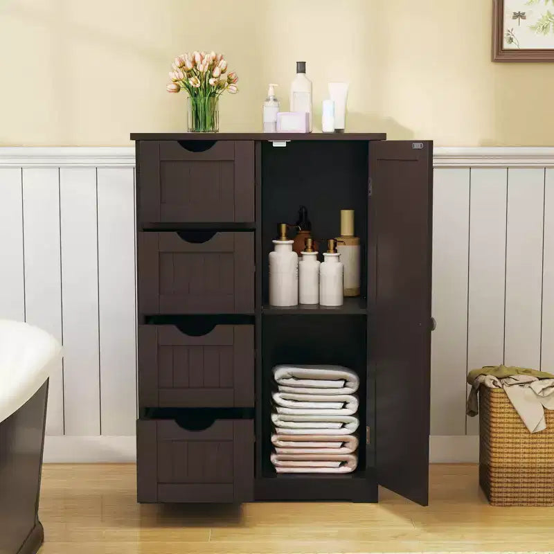 Meuble de Salle de Bain sur Pied en Bois à 4 Tiroirs avec 2 Étagères Rangement Armoire Blanc/Marron/Gris/Noir