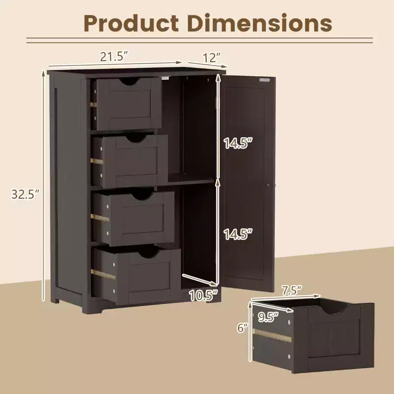 Meuble de Salle de Bain sur Pied en Bois à 4 Tiroirs avec 2 Étagères Rangement Armoire Blanc/Marron/Gris/Noir