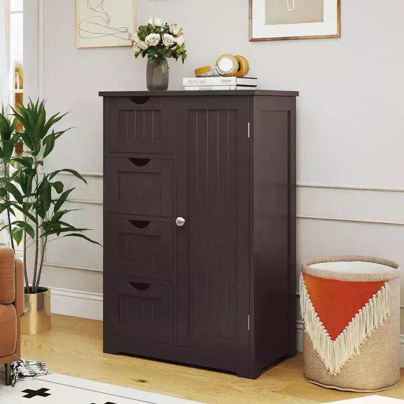 Meuble de Salle de Bain sur Pied en Bois à 4 Tiroirs avec 2 Étagères Rangement Armoire Blanc/Marron/Gris/Noir