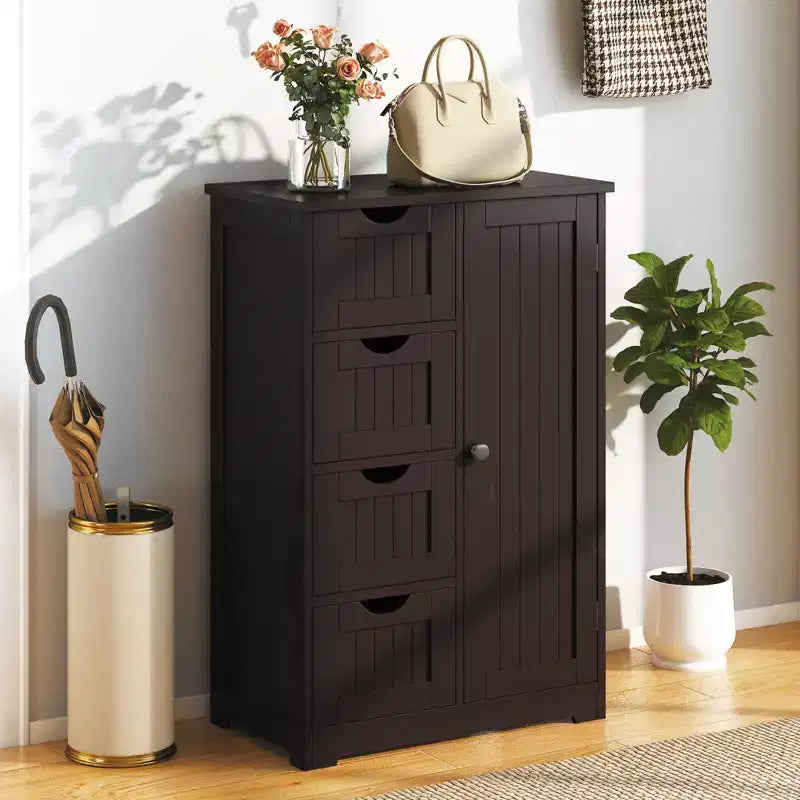 Meuble de Salle de Bain sur Pied en Bois à 4 Tiroirs avec 2 Étagères Rangement Armoire Blanc/Marron/Gris/Noir