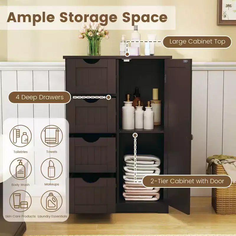 Meuble de Salle de Bain sur Pied en Bois à 4 Tiroirs avec 2 Étagères Rangement Armoire Blanc/Marron/Gris/Noir