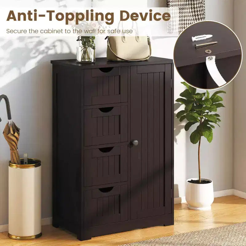 Meuble de Salle de Bain sur Pied en Bois à 4 Tiroirs avec 2 Étagères Rangement Armoire Blanc/Marron/Gris/Noir