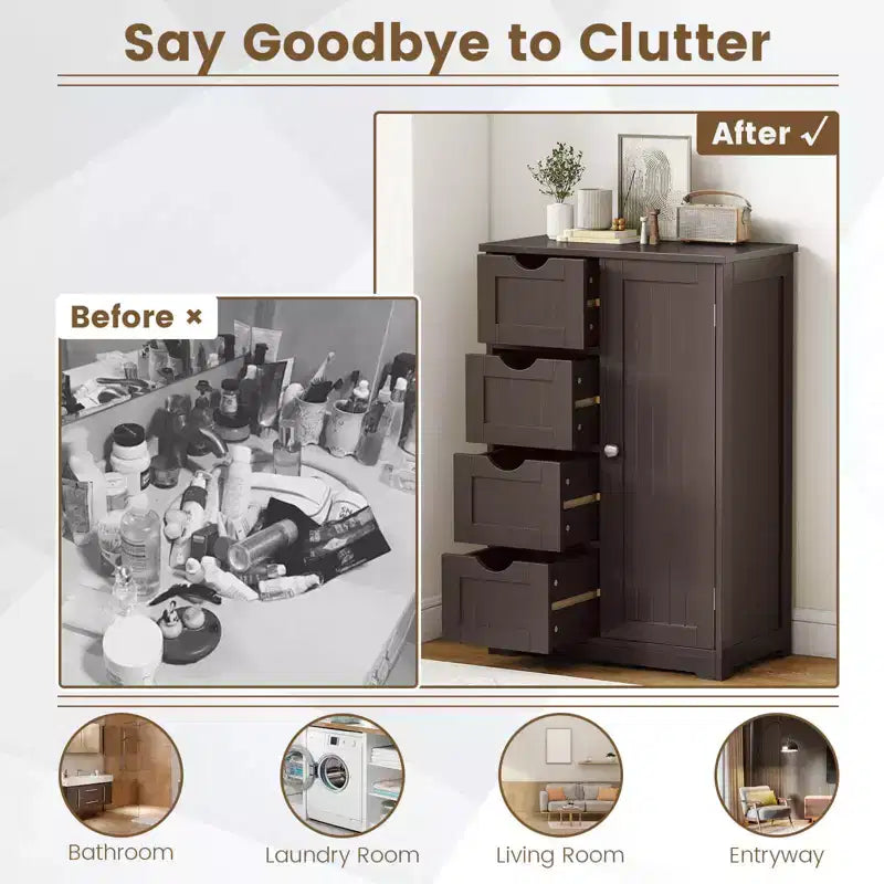 Meuble de Salle de Bain sur Pied en Bois à 4 Tiroirs avec 2 Étagères Rangement Armoire Blanc/Marron/Gris/Noir