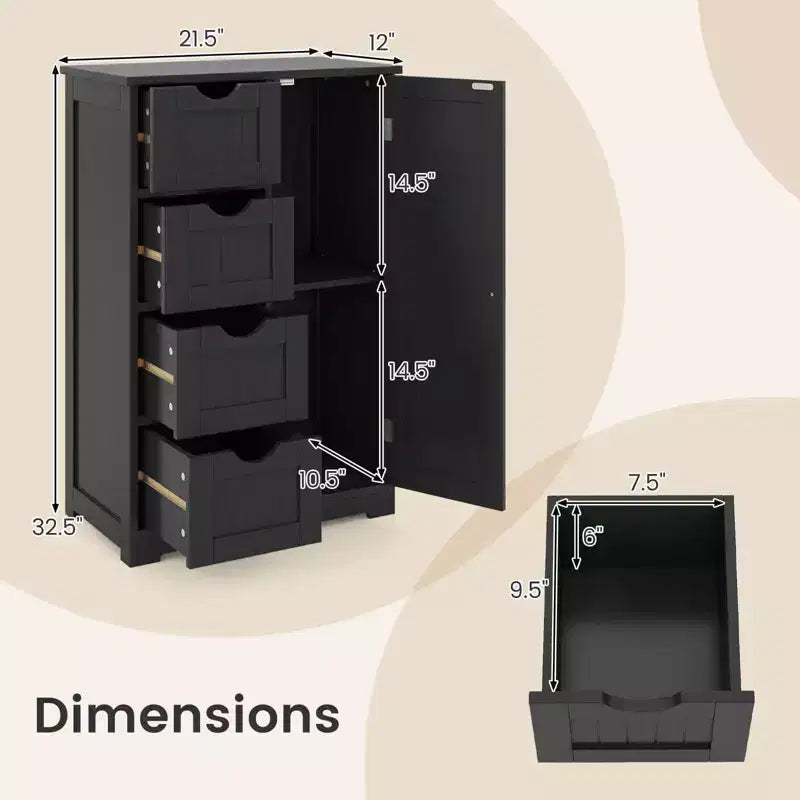 Meuble de Salle de Bain sur Pied en Bois à 4 Tiroirs avec 2 Étagères Rangement Armoire Blanc/Marron/Gris/Noir