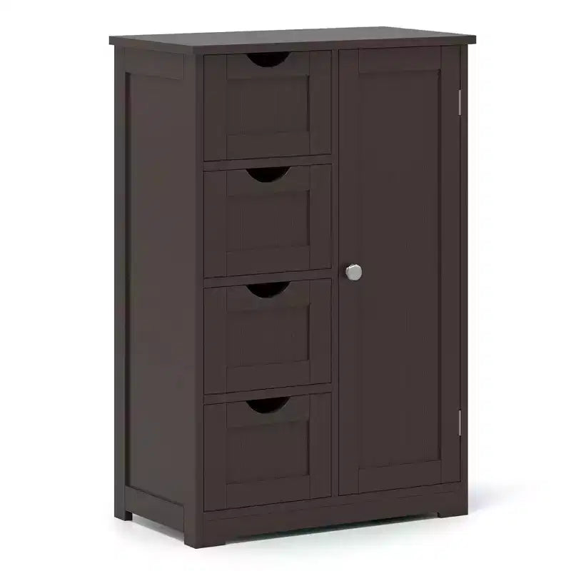 Meuble de Salle de Bain sur Pied en Bois à 4 Tiroirs avec 2 Étagères Rangement Armoire Blanc/Marron/Gris/Noir