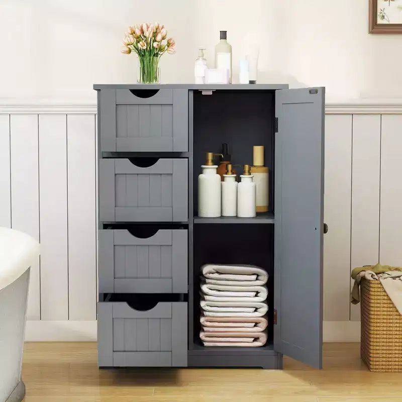 Meuble de Salle de Bain sur Pied en Bois à 4 Tiroirs avec 2 Étagères Rangement Armoire Blanc/Marron/Gris/Noir