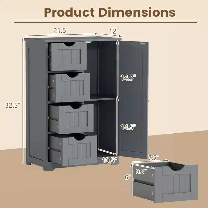 Meuble de Salle de Bain sur Pied en Bois à 4 Tiroirs avec 2 Étagères Rangement Armoire Blanc/Marron/Gris/Noir