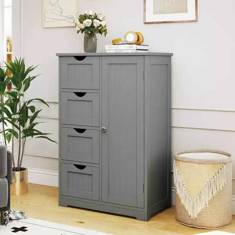 Meuble de Salle de Bain sur Pied en Bois à 4 Tiroirs avec 2 Étagères Rangement Armoire Blanc/Marron/Gris/Noir