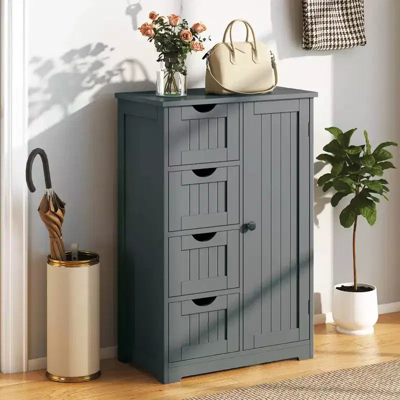 Meuble de Salle de Bain sur Pied en Bois à 4 Tiroirs avec 2 Étagères Rangement Armoire Blanc/Marron/Gris/Noir