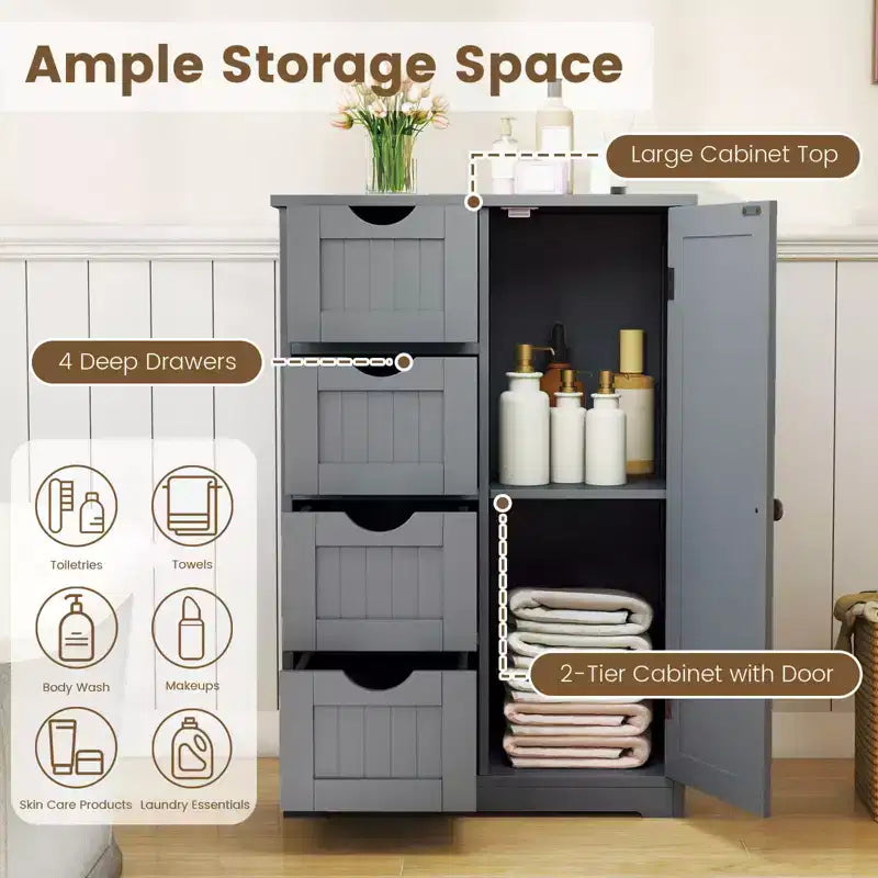 Meuble de Salle de Bain sur Pied en Bois à 4 Tiroirs avec 2 Étagères Rangement Armoire Blanc/Marron/Gris/Noir